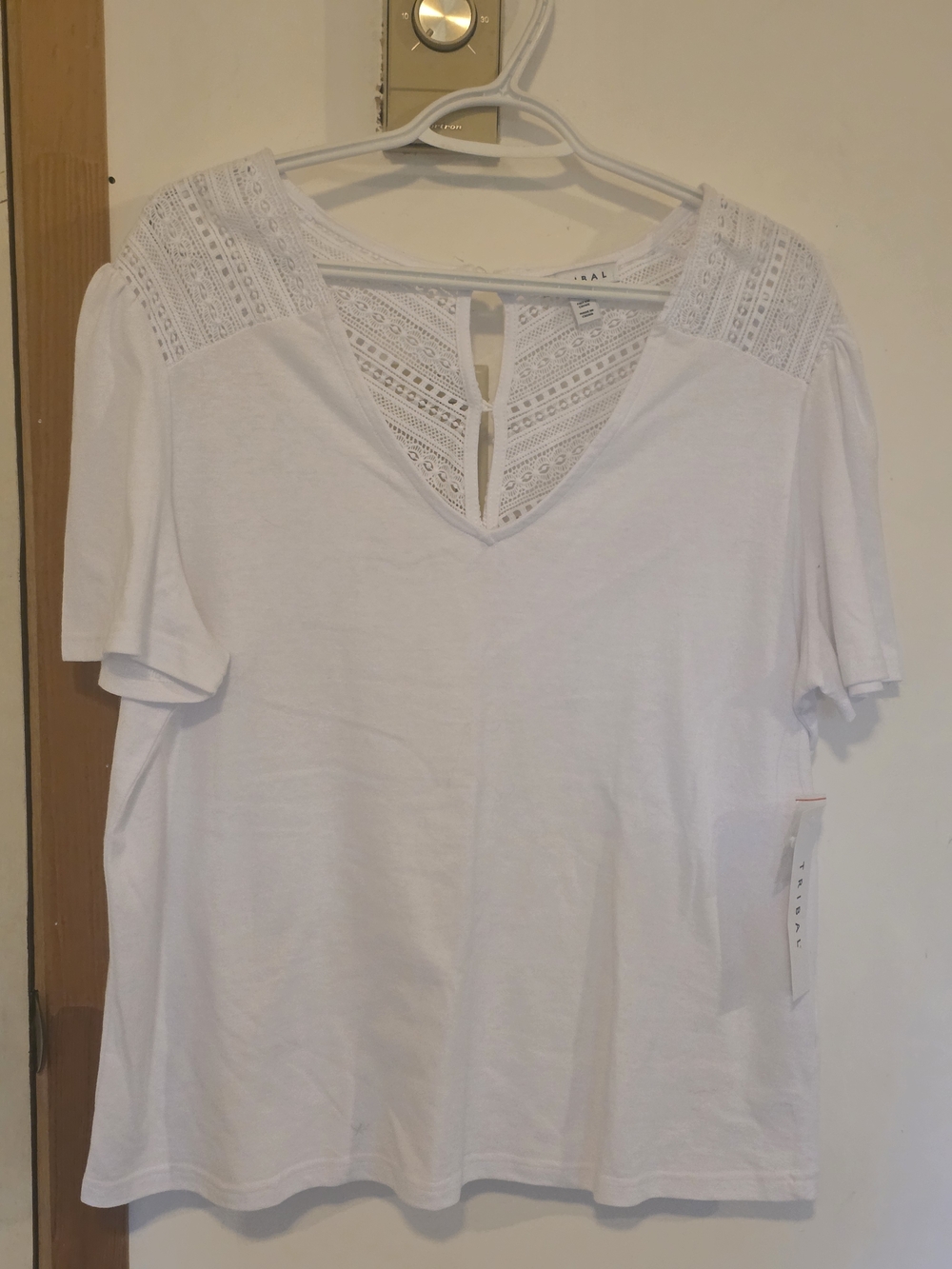 Tribal White Short Sleeve V-Neck Tee with Lace Yoke